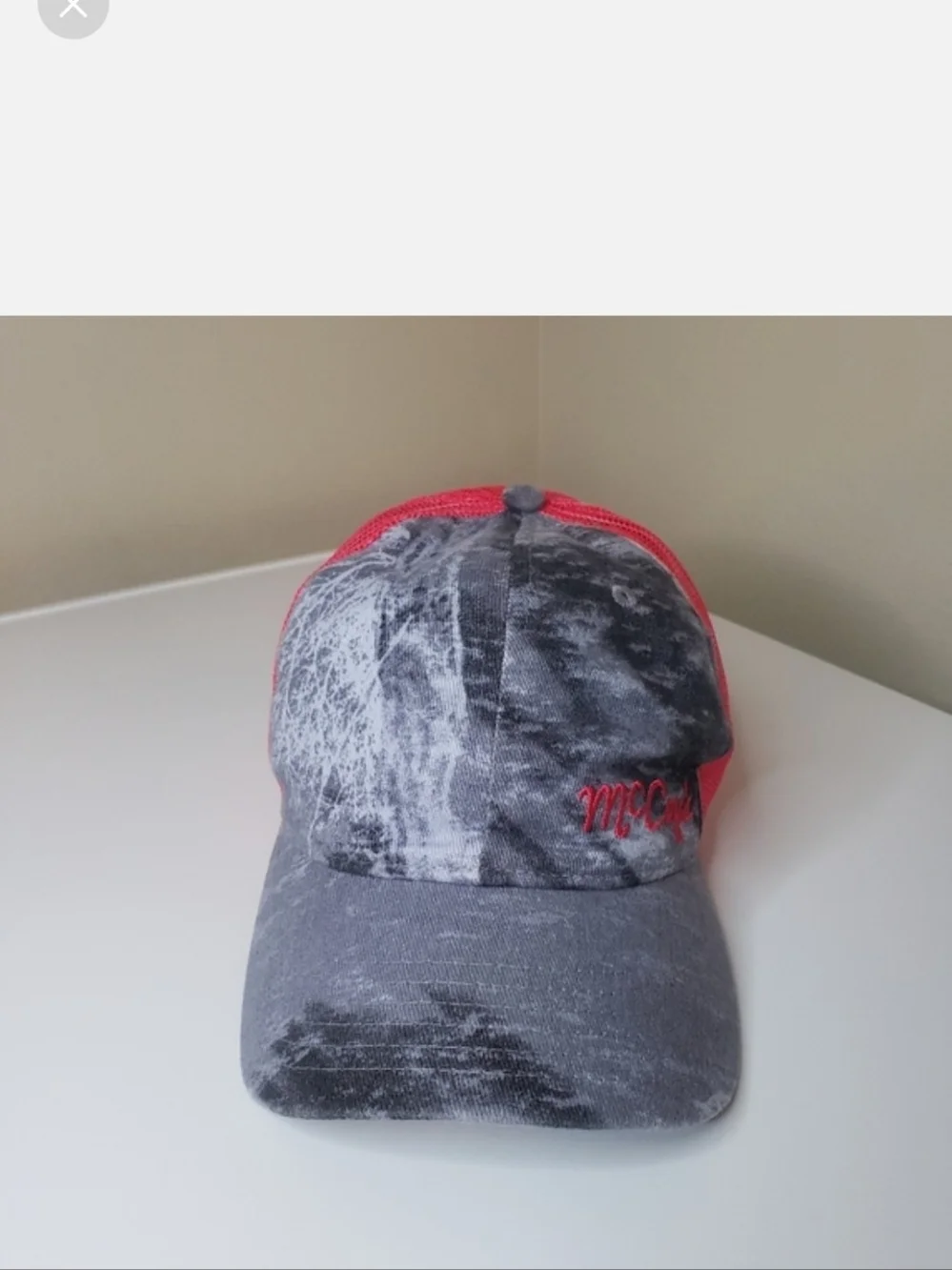 McCoy's Building Supply Pink & Gray Acid Wash Distressed Trucker Hat Neon Mesh